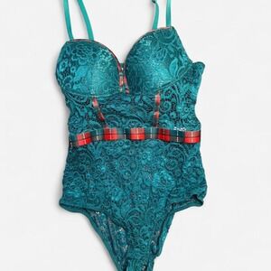 Large teal green lace corset bodysuit lingerie
